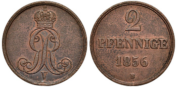 Брауншвейг-Каленберг-Ганновер 2 пфеннига 1856 B, Георг V (1851-1866) KM 217,  AKS 152, J. 84 медь 4142-152