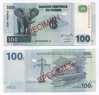 ДР Конго 100 франков 2000 SPECIMEN Pick 92s бумага UNC (пресс) 7222-57-2