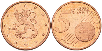 ФИНЛЯНДИЯ 5 ЕВРОЦЕНТОВ 2002 M KM 100 сталь плакированная медью UNC 214-324
