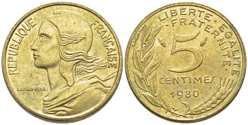 ФРАНЦИЯ 5 САНТИМОВ 1980 ТИП MARIANNE KM 933, LE FRANC 125.16 медь алюминий никель 116-452