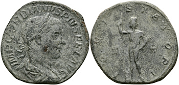 Римская Империя сестерций 238 - 244 Гордиан III IOVI STATORI Юпитер, Рим Very fine 15,72 гр RIC 299a бронза 1073-8-15