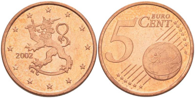 ФИНЛЯНДИЯ 5 ЕВРОЦЕНТОВ 2002 M KM 100 сталь плакированная медью UNC 214-324