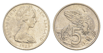 Новая Зеландия 5 центов 1978 Елизавета II (1952-2022), ящерица гаттерия KM 34 медно-никель 4651-212