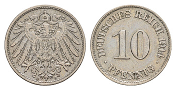Германия 10 пфеннигов 1914 J, Вильгельм II (1888-1918) KM 12, J. 13 медно-никель 4640-333