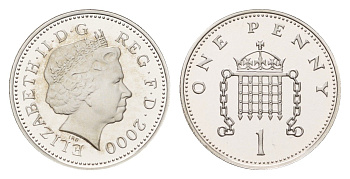 Великобритания 1 пенни 2000 Елизавета II (1952-2022), тираж 15.000 экземпляров KM 986b, Spink B5 серебро PROOF 1095-9-12