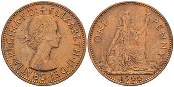 Великобритания 1 пенни 1966 Елизавета II (1952-2022) KM 897, Spink 4157 бронза 4607-834