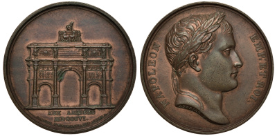 Франция медаль 1806 Наполеон I Бонапарт, триумфальная арка на площади Каррузель, 40,20 мм, 37,15 гр. Slg. Julius 1631 бронза 00-00