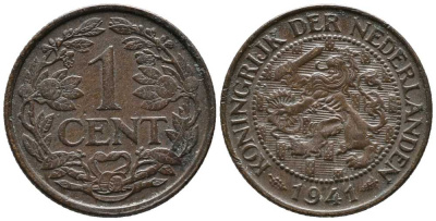 НИДЕРЛАНДЫ 1 ЦЕНТ 1941 ВИЛЬГЕЛЬМИНА KM 152 бронза 39-1254