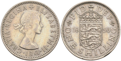 Великобритания 1 шиллинг 1959 Елизавета II (1952-2022), Английский герб KM 904, Spink 4147 медно-никель 4116-837