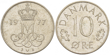 ДАНИЯ 10 ЭРЕ 1977 S; B, МАРГРЕТЕ II (1972-) KM 860.1 медно-никель 3309-165