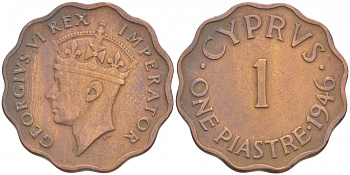 КИПР 1 ПИАСТР 1946 ГЕОРГ VI KM 23a бронза 213-745