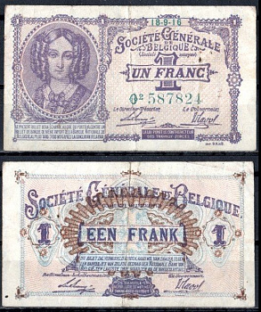 Бельгия 1 франк 1916 Немецкая Оккупация Pick 86 b бумага 8613-15-2-2