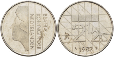 НИДЕРЛАНДЫ 2 1/2 ГУЛЬДЕНА 1982 БЕАТРИКС KM 206 никель 38-212