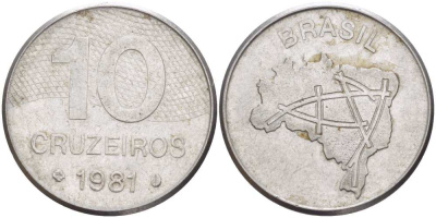 Бразилия 10 крузейро 1981 карта Бразилии KM 592.1 нержавеющая сталь 4388-231