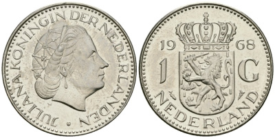 Нидерланды 1 гульден 1968 Юлиана (1948-1980) KM 184a никель UNC 4579-523