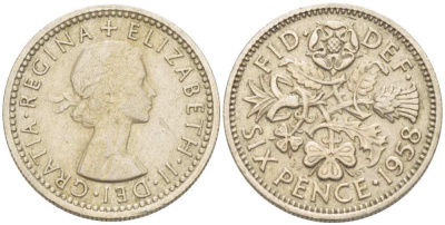 Великобритания 6 пенсов 1958 Елизавета II (1952-2022) KM 903, Spink 4149 медно-никель 218-836