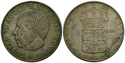 Швеция 1 крона 1965 U, Густав VI Адольф (1950-1973) KM 826 серебро 4556-616