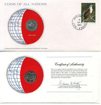 ВАЛЮТНЫЙ СОЮЗ СТРАН ЗАПАДНОЙ АФРИКИ, КОТ-Д'ИВУАР 50 ФРАНКОВ 1982 конверт с маркой первого дня гашения, Coins of Nations KM 6 медно-никель UNC 4294-58-1