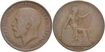 Великобритания 1 пенни 1916 Георг V (1910-1936) КМ 810, Spink 4051 бронза 4557-945