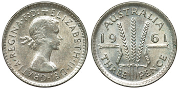 Австралия 3 пенса 1961 m, Елизавета II (1952-2022) KM 57 серебро 71-745