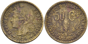 Французский Камерун 50 сантимов 1925 (а), монетный двор Париж KM 1 алюминиевая бронза 4608-952