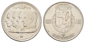 Бельгия 100 франков 1950 Леопольд III (1934-1950), Belgique KM 138 серебро 1519-823