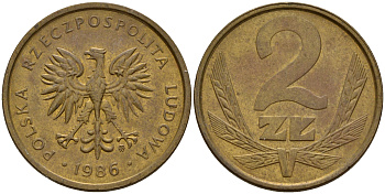 Польша 2 злотых 1986 MW KM 80.2 латунь    4598-1225