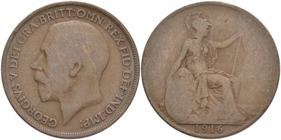 Великобритания 1 пенни 1916 Георг V (1910-1936) КМ 810, Spink 4051 бронза 4557-945