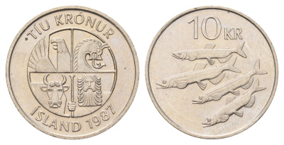 Исландия 10 крон 1987 рыбы KM 29.1 медно-никель 4691-237