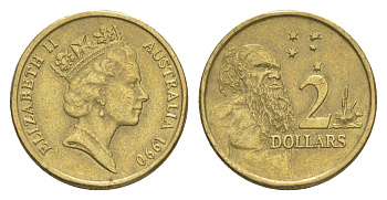 Австралия 2 доллара 1990 абориген, Елизавета II (1952-2022) KM 101 алюминиевая бронза 4588-736