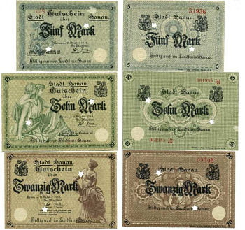 ХАНАУ, ГЕРМАНИЯ НАБОР ИЗ 3 БАНКНОТ 1918-1919 10 ОКТЯБРЯ 1918 - 1 ФЕВРАЛЯ 1919, НОТГЕЛЬД, ЗЕМЛЯ ГЕССЕН (5, 10, 20 МАРОК) Geiger 214.01а, 214.02b, 214.04a бумага аUNC 8613-13-2-2