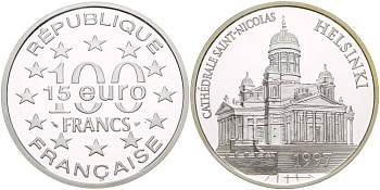 Франция 100 франков - 15 евро 1997 КАФЕДРАЛЬНЫЙ СОБОР СВЯТОГО НИКОЛАЯ В ХЕЛЬСИНКИ KM 1176 серебро PROOF 1088-9-13