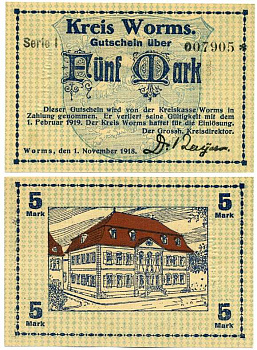 ВОРМС, ГЕРМАНИЯ 5 МАРОК 1918-1919 1 НОЯБРЯ 1918 - 1 ФЕВРАЛЯ 1919, НОТГЕЛЬД, ЗЕМЛЯ РЕЙЛЯНД-ПФАЛЬЦ, СЕРИЯ I, НОМЕР СО ЗВЁЗДОЧКОЙ Geiger 570.01а бумага UNC (ПРЕСС) 8613-17-2-1