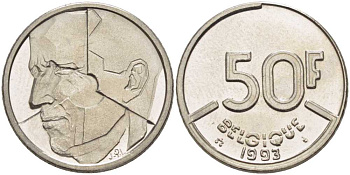 БЕЛЬГИЯ 50 ФРАНКОВ 1993 BELGIQUE, БОДУЭН I (1951-1993) KM 168 никель 210-956