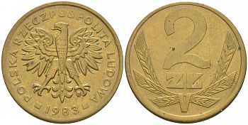 ПОЛЬША 2 ЗЛОТЫХ 1983 MW KM 80.1 латунь 68-456