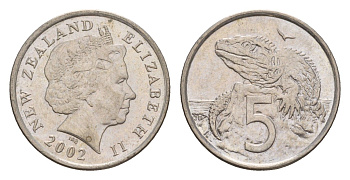 Новая Зеландия 5 центов 2002 Елизавета II (1952-2022), ящерица гаттерия KM 116 медно-никель 4588-545
