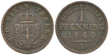 Пруссия 1 пфенниг 1869 A, Вильгельм I (1861-1888) KM 480 медь 4615-822