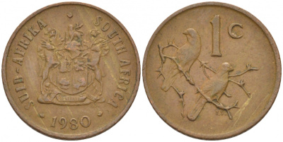 ЮАР 1 ЦЕНТ 1980 ГЕРБ, КАПСКИЕ ВОРОБЬИ KM 82 бронза 3309-615