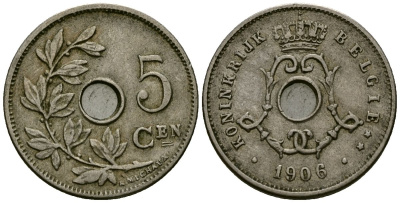 Бельгия 5 сантимов 1906 Belgie, Леопольд II (1865-1909) KM 55 медно-никель 4173-138