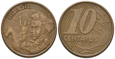 Бразилия 10 сентаво 2011 KM 649, Schon 157 сталь плакированная латунью 4618-745