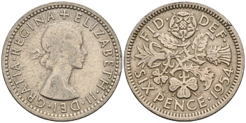 Великобритания 6 пенсов 1954 Елизавета II (1952-2022) KM 903, Spink 4149 медно-никель 4596-1036