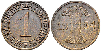 ГЕРМАНИЯ 1 РЕЙХСПФЕННИГ 1934 F KM 37, J. 313, Weege 2 бронза 4547-214