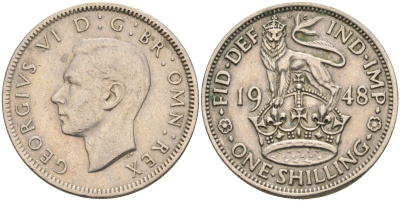 Великобритания 1 шиллинг 1948 Георг VI (1936-1952), Английский герб KM 863, Spink 4103 медно-никель 4126-441