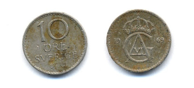 Швеция 10 эре 1969 Густав VI Адольф (1950-1973) KM 835 медно-никель 51-5221