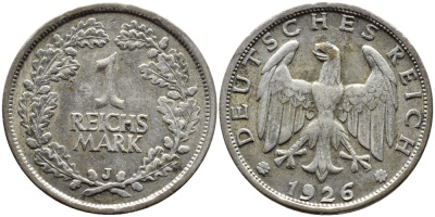 ГЕРМАНИЯ 1 РЕЙХСМАРКА 1926 J, САМАЯ РЕДКАЯ БУКВА, ВЕЙМАРСКАЯ РЕСПУБЛИКА Weege 15, J. 319, KM 44 серебро 4390-915