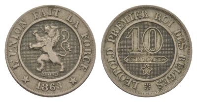 Бельгия 10 сантимов 1863 Леопольд I (1832-1865) KM 22 медно-никель 4623-1119
