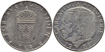 Швеция 1 крона 1981 Карл XVI Густав (1973- ) KM 852 медь плакированная медно-никелем 4397-1037