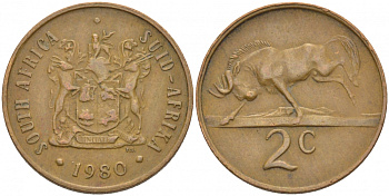 ЮАР 2 цента 1980 герб, антилопа гну KM 83 бронза 110-137