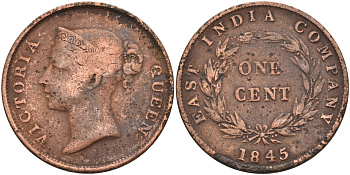 Стрейтс-Сетлментс 1 цент 1845 Виктория (1837-1901), Ост-Индская компания KM 3 медь 4590-122