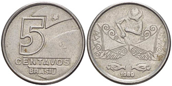 БРАЗИЛИЯ 5 СЕНТАВО 1989 РЕФОРМА 1989-1990 KM 612 нержавеющая сталь 105-314